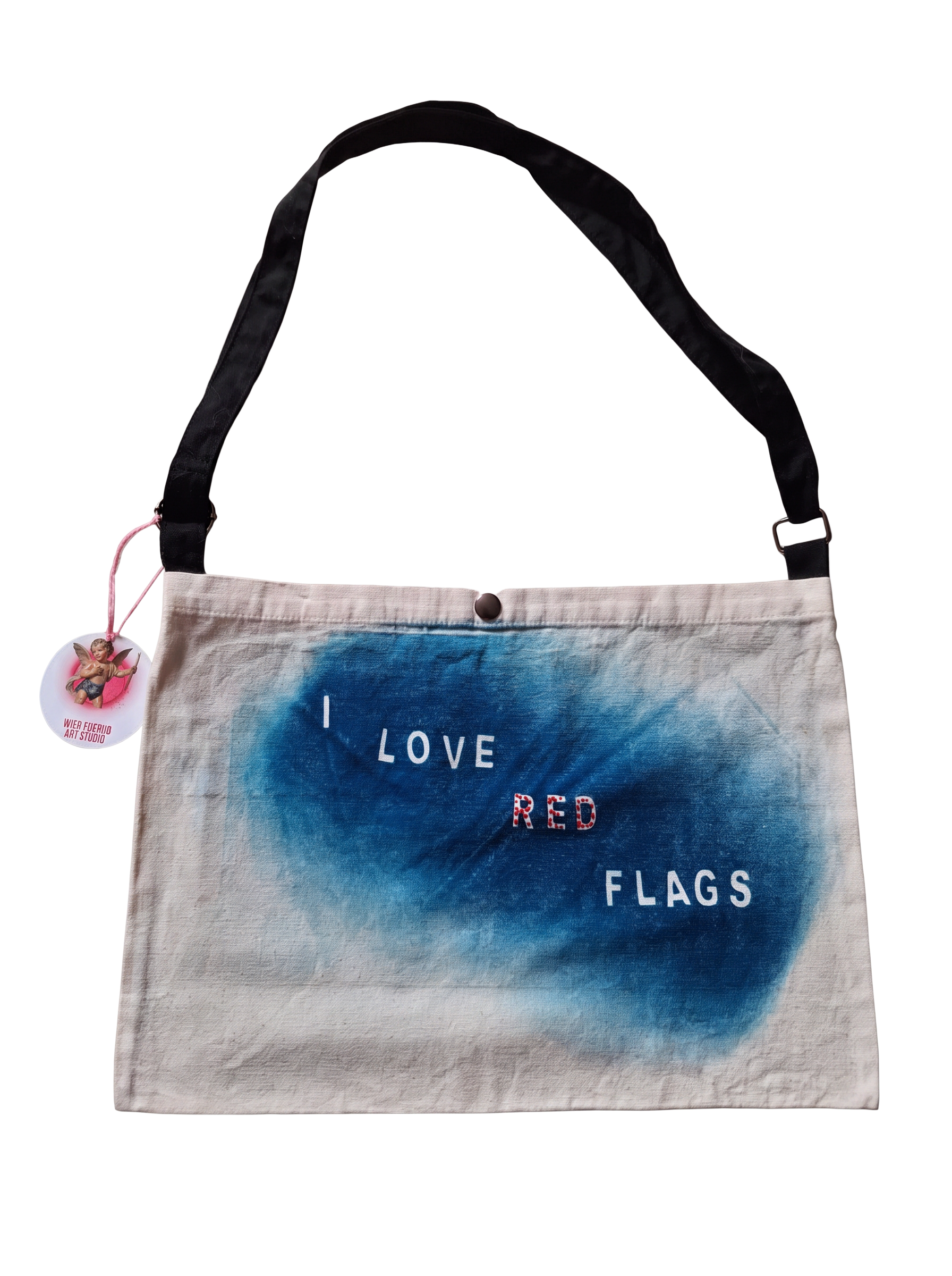 I Love Red Flags canvas satchel with cyanotype print