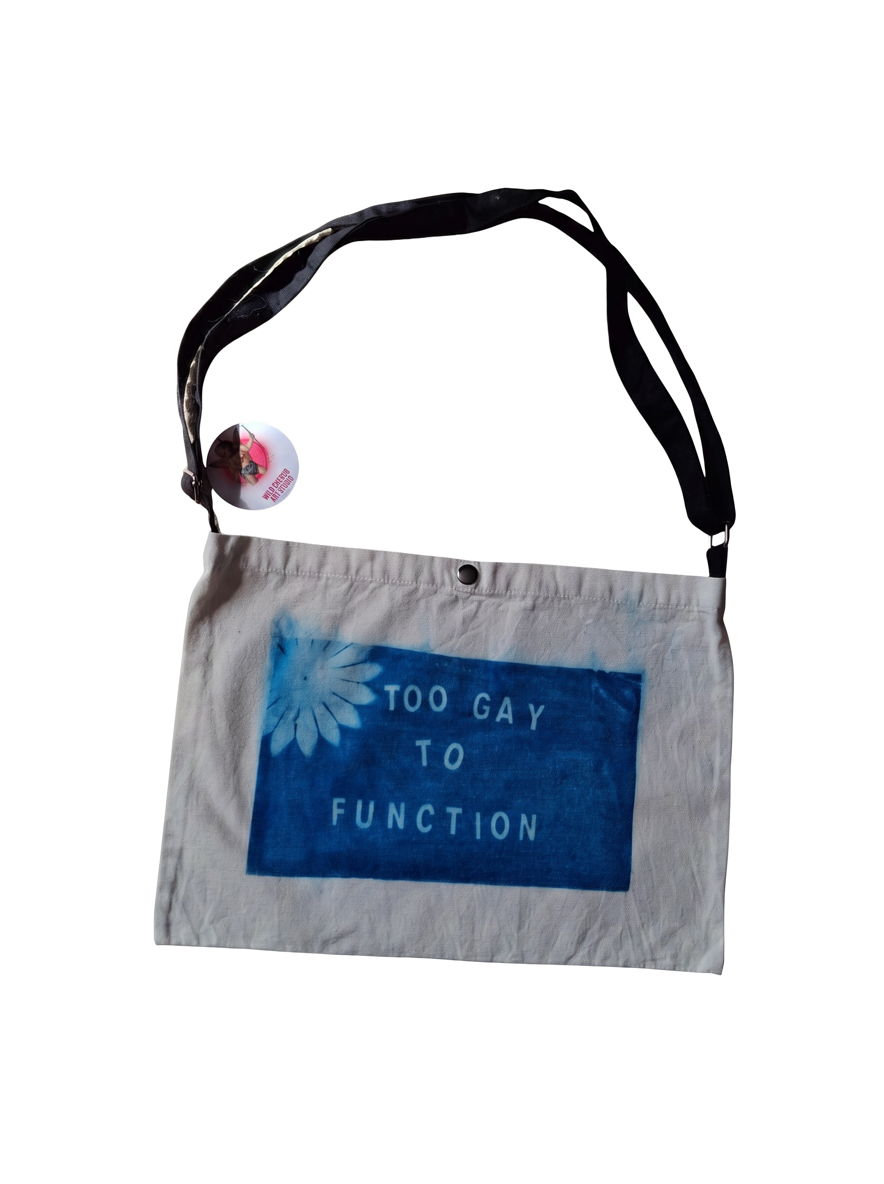 Too Gay To Function canvas satchel with cyanotype print